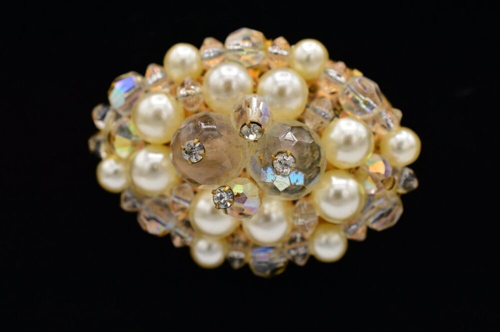 Vintage Cluster Pin Brooch Faux Pearl Crystal Gold Chic Statement 1980s BinAC